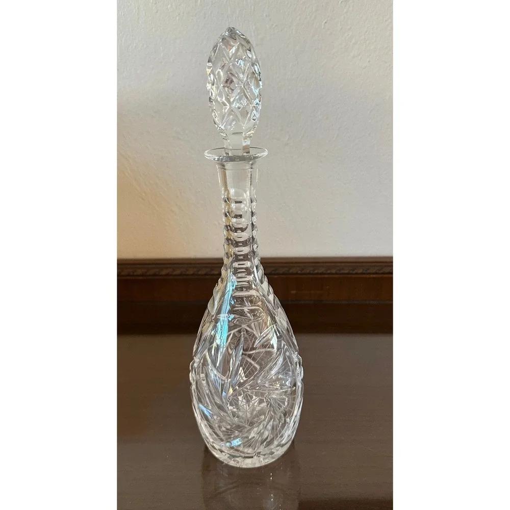 Vtg Pinwheel Cut Crystal Decanter with Stopper 13'' Germany Barware Clear Glass